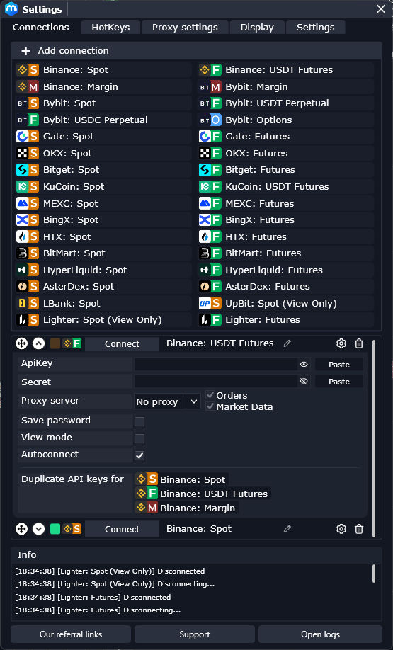 MetaScalp connections panel — Add API keys for Binance, Bybit, OKX, and 18 other venues